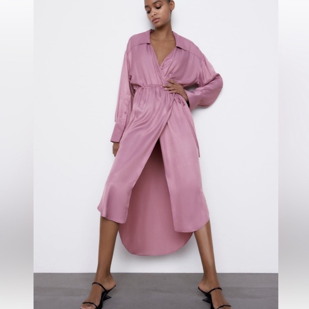 Zara Satin Wrap Midi Dress in Dusty Rose! NWT
